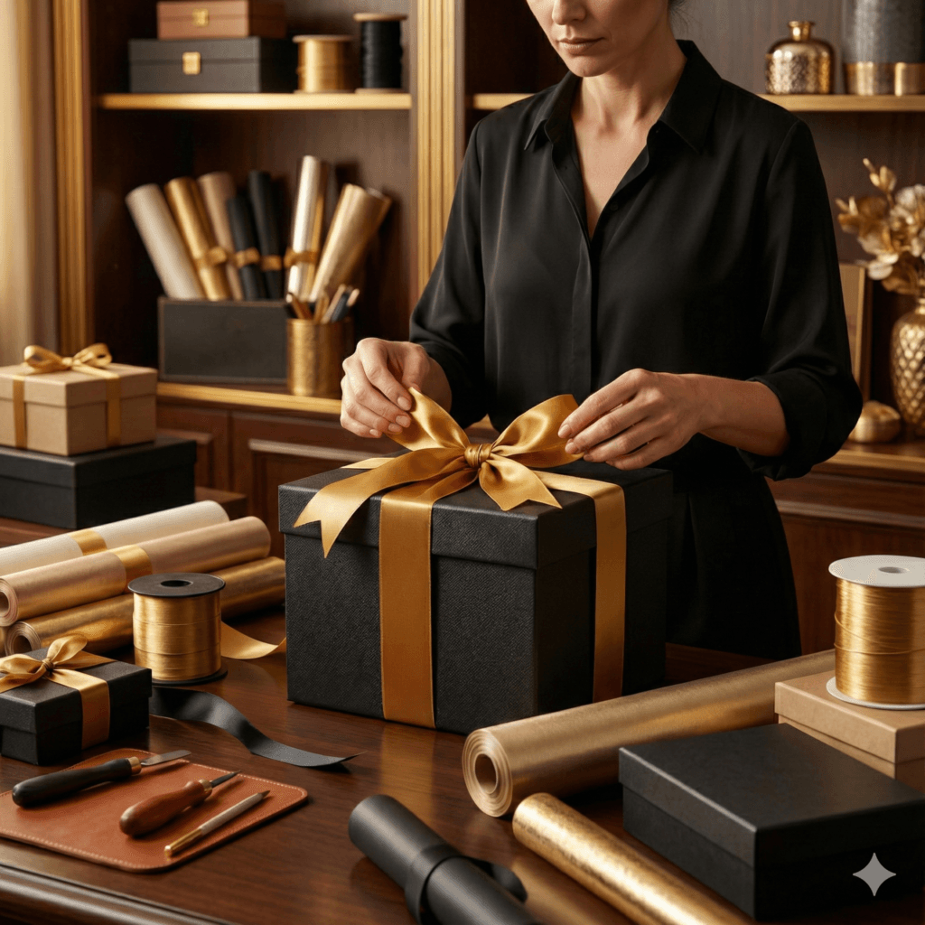 une femme qui emballe un cadeau dans un atelier
