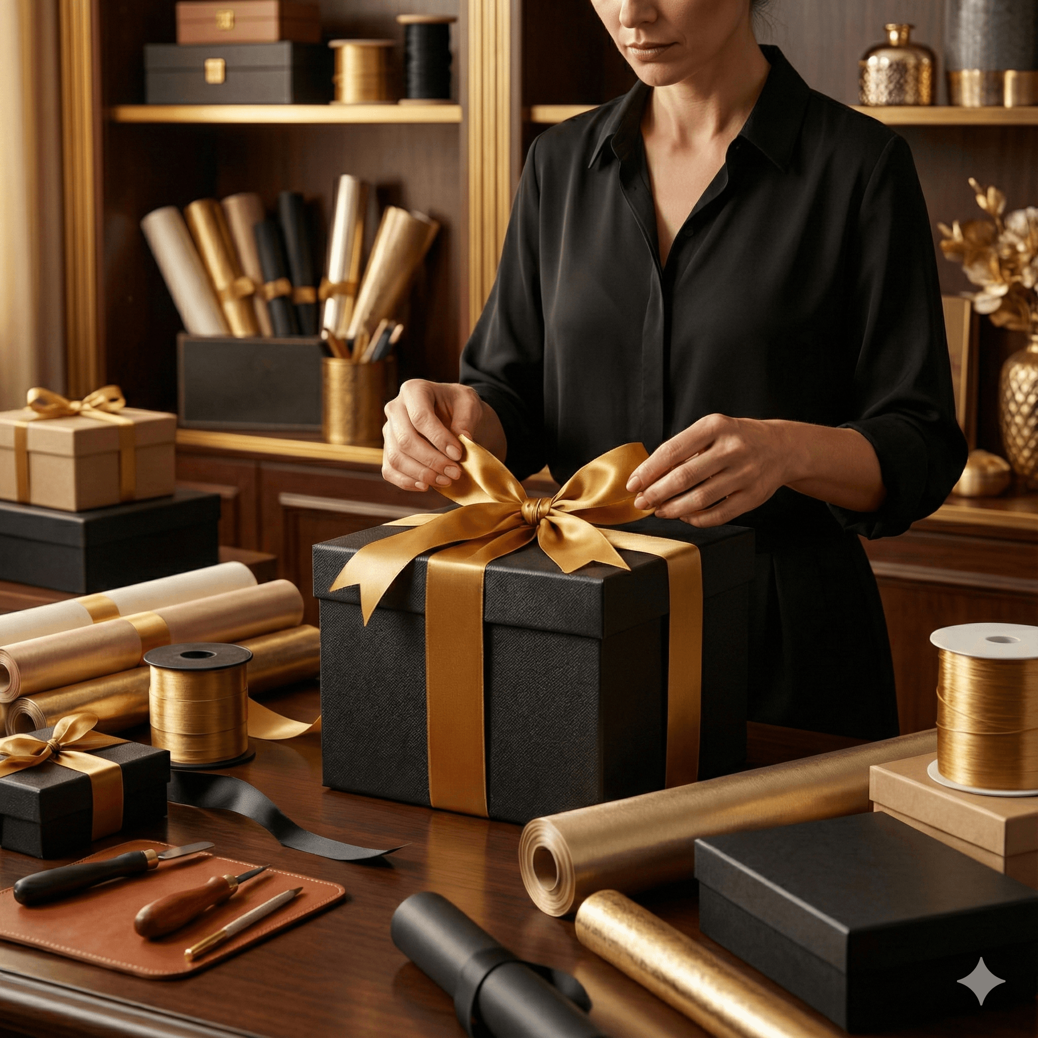 une femme qui emballe un cadeau dans un atelier